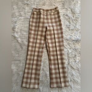 High Sport Gingham Kick Cropped Stretch Cotton Flared Pants Khaki Ivory Small